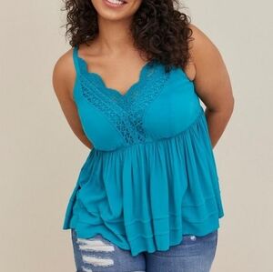 Torrid Size 0 Crinkle Gauze Crochet Babydoll Tank Top Teal Blue